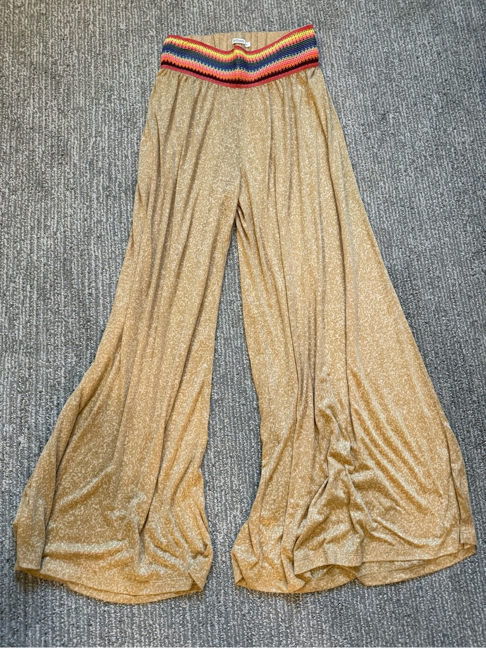 Pitusa Wide Leg Palazzo Pants Small Tan Multicolor Crochet Waist Boho Resort